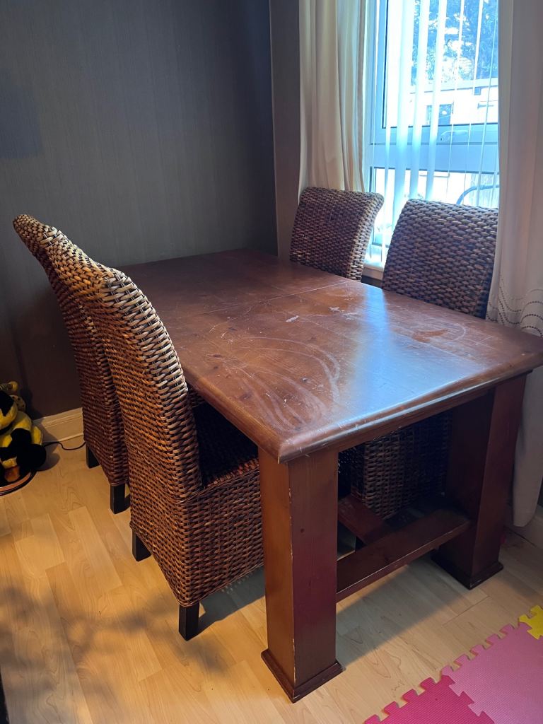Solid Wood Dining Table + 4 Woven Rattan Chairs – Used Condition