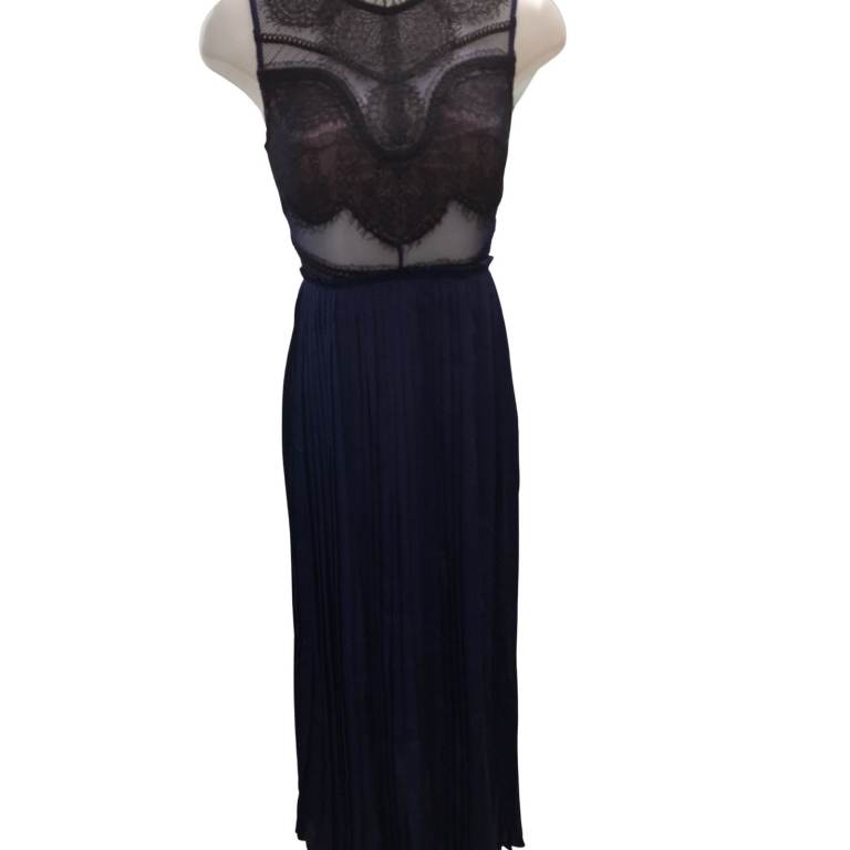 THREE FLOOR NEW GIRLS WEDDING FORMAL PARTY COCKTAIL NAVY Pleated Maxi Dress with Lace Bodice SIZE 6