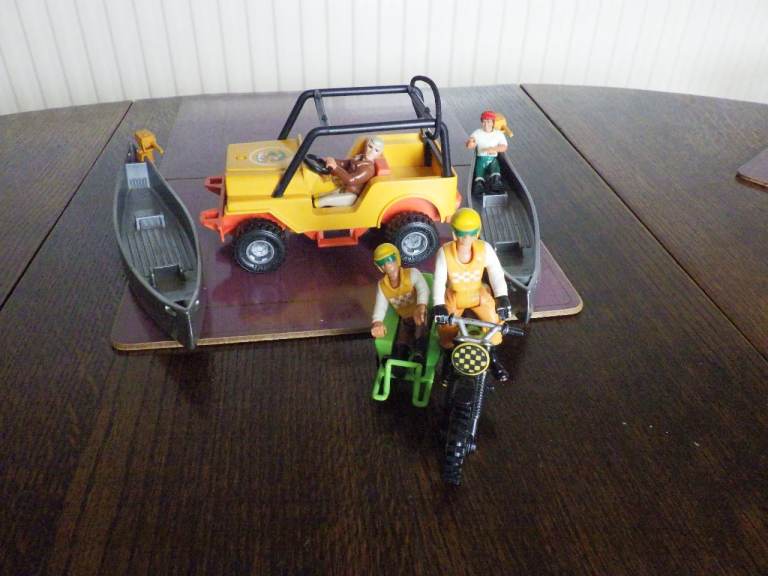 Vintage Jeep, Canoe & Motorcycle with Figures