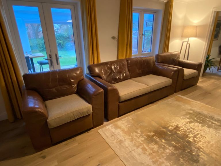 Brown analine leather three piece suite 