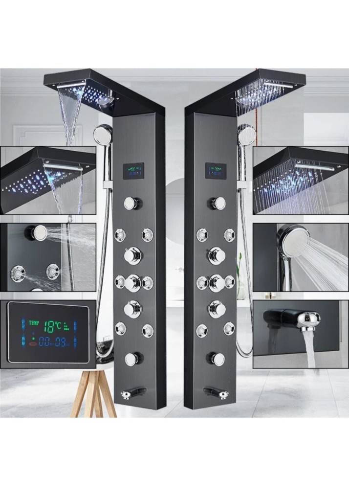 Black Shower Panel Column Tower LED Stainless Steel Body Jet Waterfall Mixer Tap