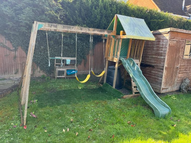 Kids climbing frame wooden swing play house