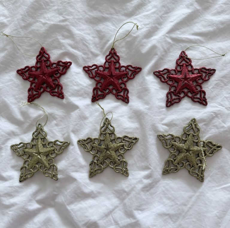 Christmas Star Decorations - Red and Gold Glitter, Set of 6