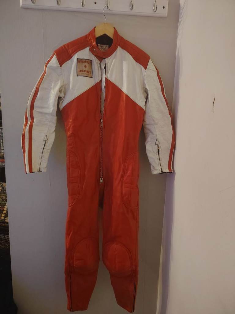 vintage red-and-white leather one-piece motorcycle racing or cafe racer suit