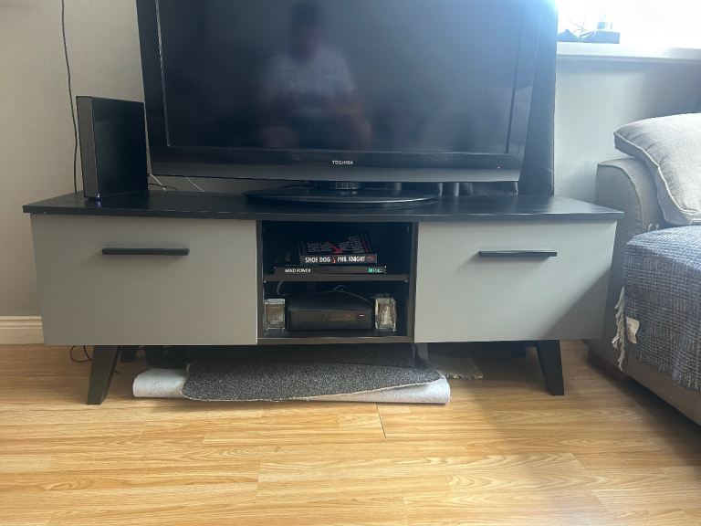 Grey and Black TV Stand with Storage (will throw in TV for free if wanted)  – Good Condition