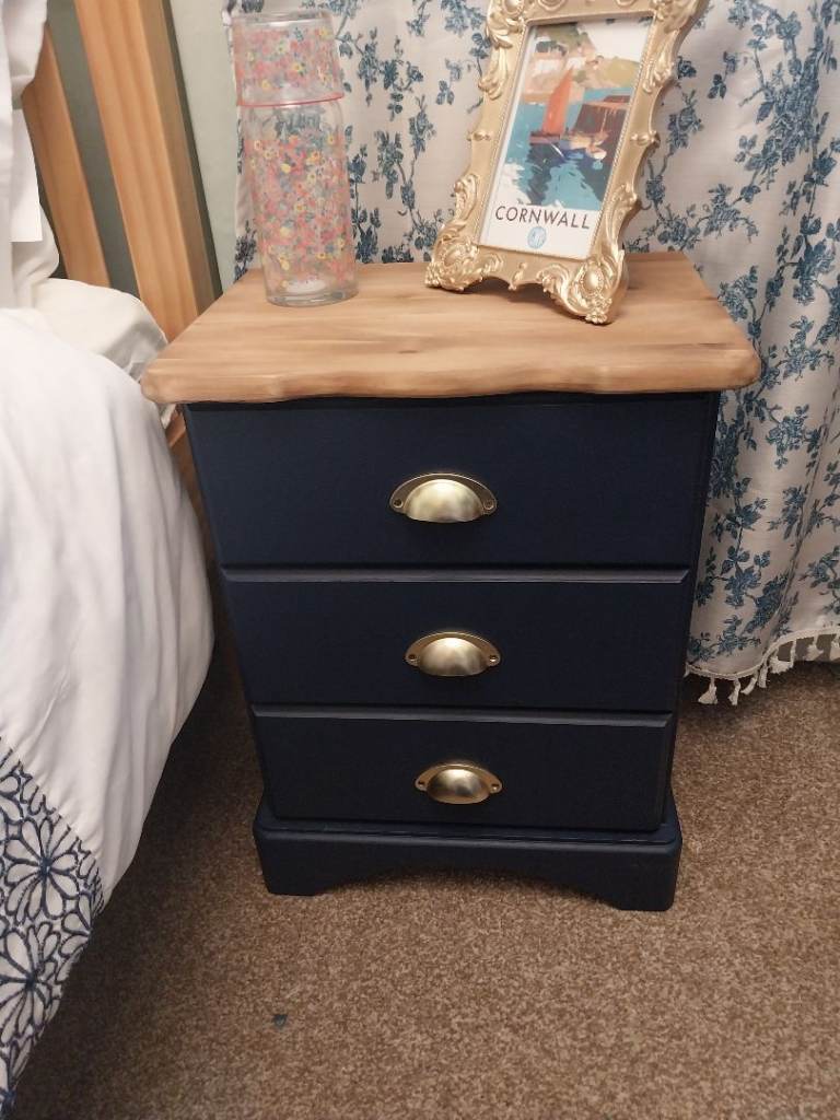 Navy Blue Bedside Table with Wooden Top and Brass Handles