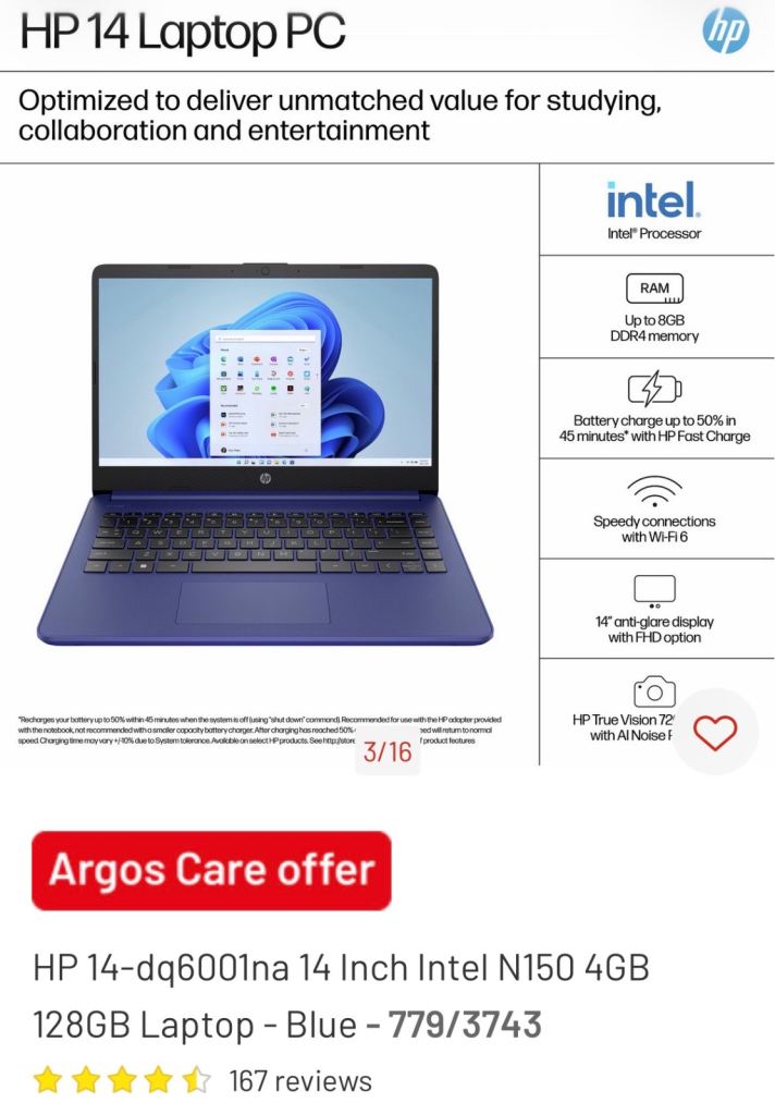 HP 14-dq6001na 14 Inch Blue Laptop, 128GB Storage