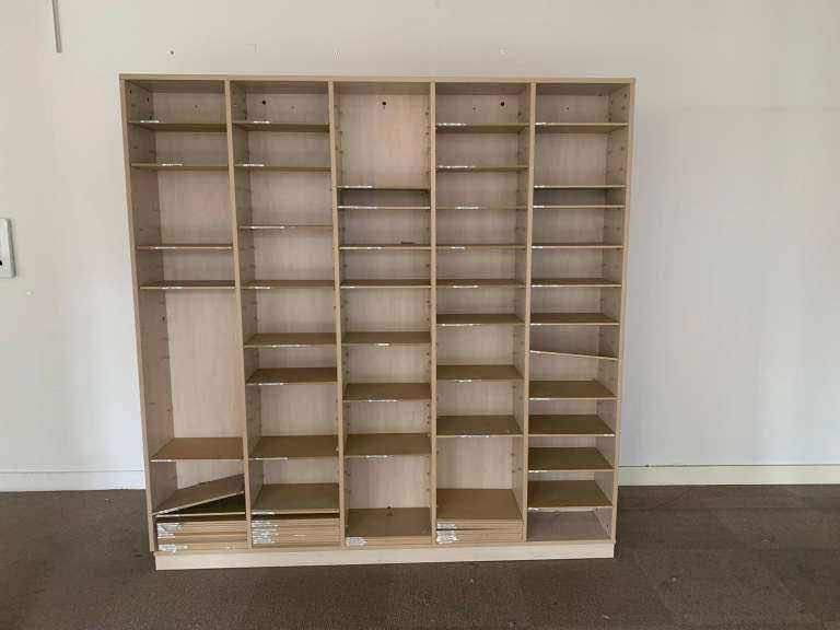 Used Second hand Pigeon hole storage unit wooden h 190cm x w 186cm x d 27cm