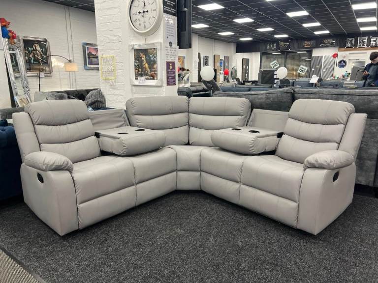 Roma Leather Recliner Corner Sofa - Integrated Cup Holders - Black or Grey - Fast Delivery