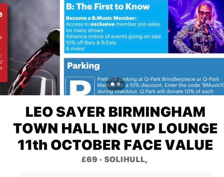 Leo Sayer Birmingham Town Hall VIP Lounge Ticket