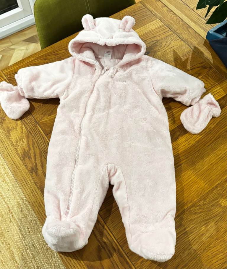 Next Baby Girl's Pram Suit 0-3 months with ears on hood & mittens Soft Velour