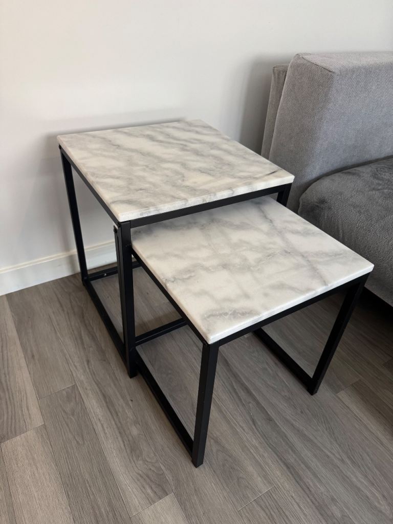 Marble Effect Nesting Tables with Black Metal Frame