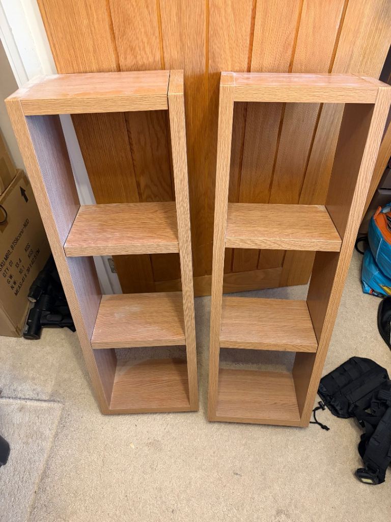 Pair of wooden shelves each with 3 shelves