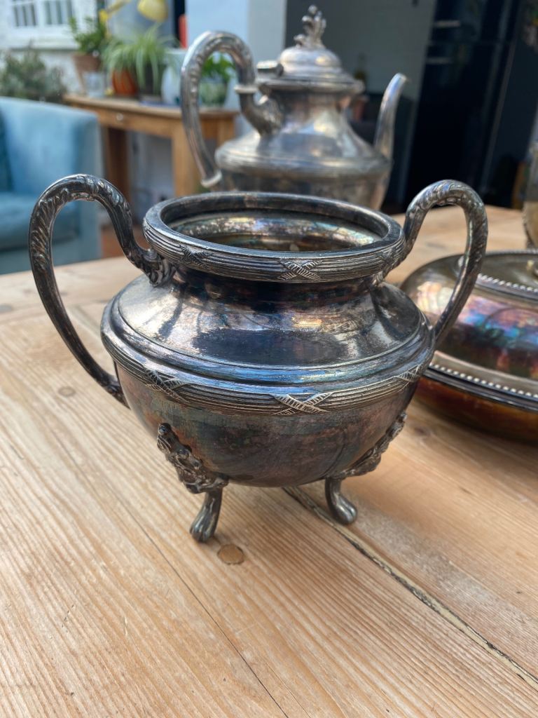 Silver plate teapots and sugar bowl  