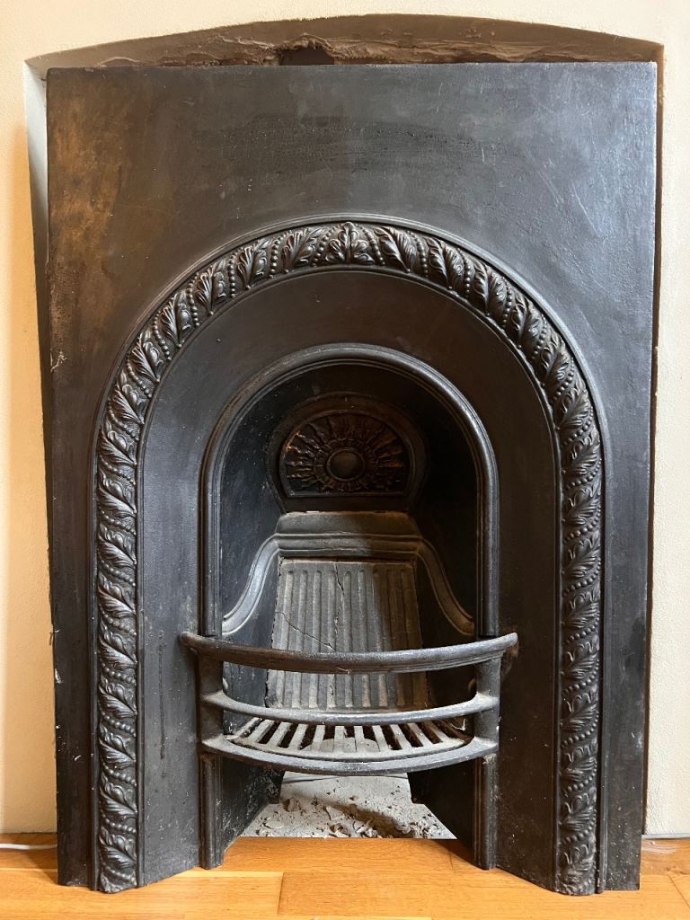 image for  Victorian Cast Iron Arched Fireplace Insert 36”x 26”– Leaf Detail – For Restoration”