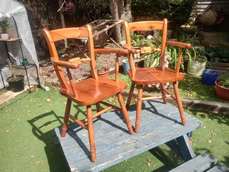 Vintage Oxford Back Pine Farmhouse Kitchen Chairs - Pair