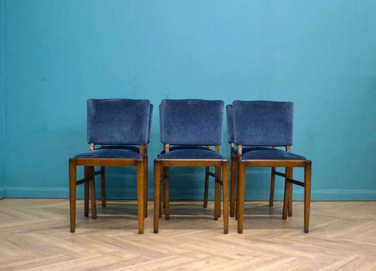 Set of 6 Vintage Walnut Dining Chairs – Blue Upholstery