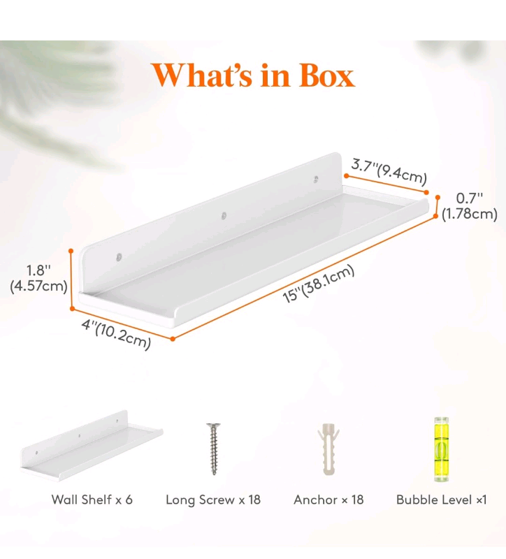 Bnib Lifewit Floating Shelves for Wall, 6 Pack White Acrylic Shelves