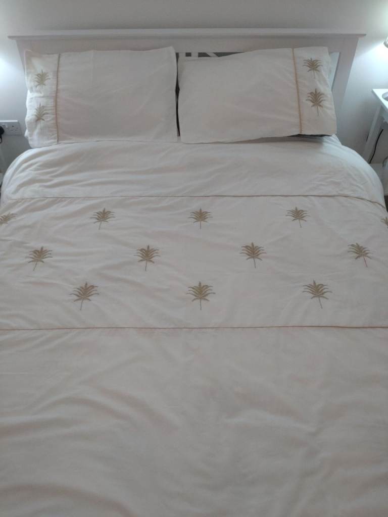 White King Size Duvet Cover with Gold Embroidered Leaves