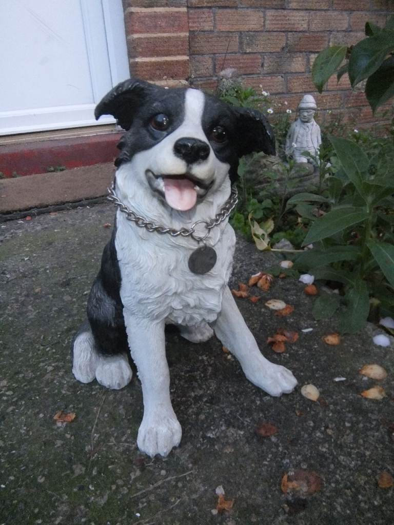 Sitting White & Black Border Collie Dog Garden Sculpture