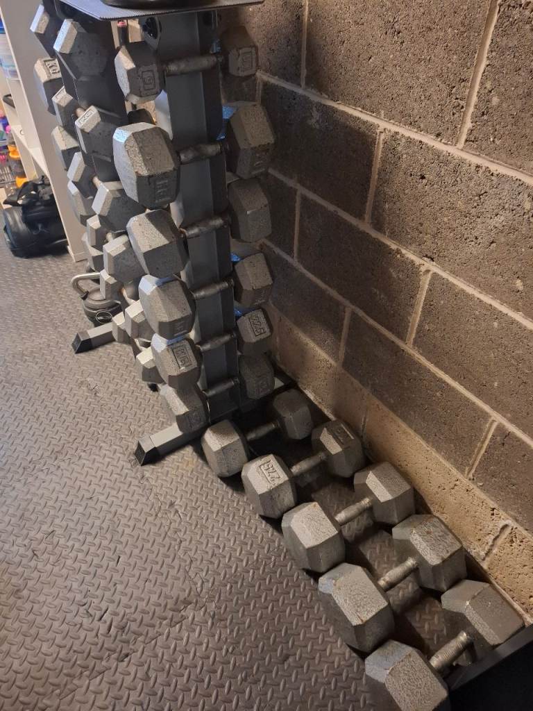 Large Set of Hex Dumbbells with Rack – Good Condition