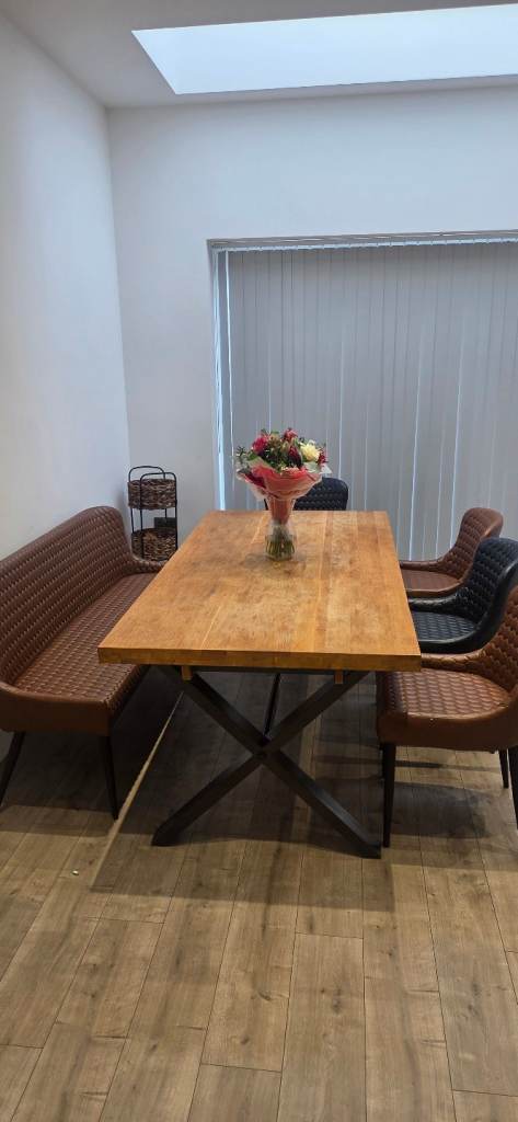 Last price Earth Large Straight Edge Dining Table with a Large Dining Bench and 4 Dining Chairs