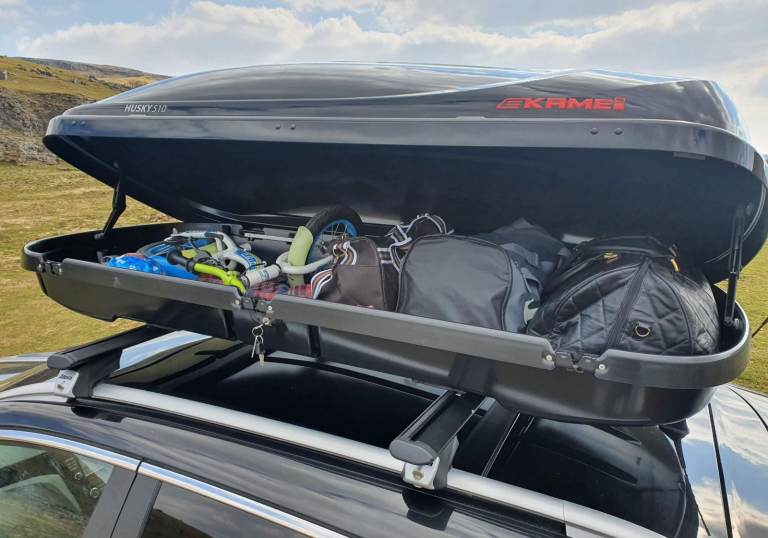 Car Roof Box + Roof Bars + 2 Bike Carriers 