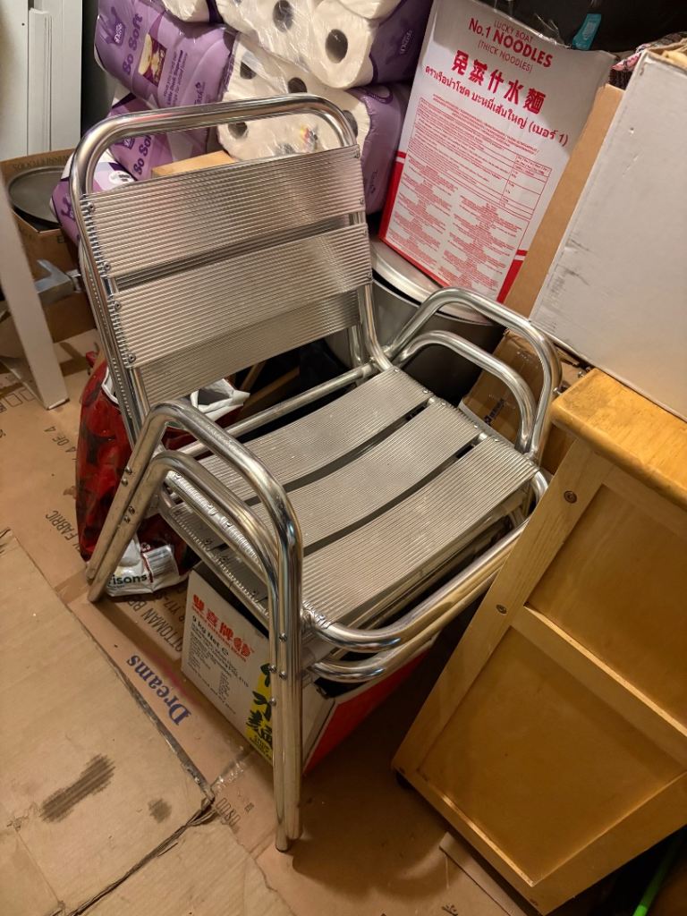 Two Silver Metal Chairs, Stackable – Good Condition