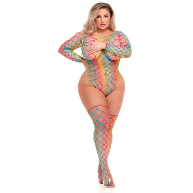 Pink Lipstick Lingerie Taste The Rainbow Teddy & Stockings Queen Size (UK 18-24)