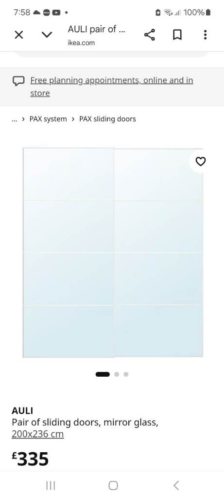 Ikea Alui mirrored Pax wardrobe doors and tracks only. Size  200cm wide x 236 cm tall