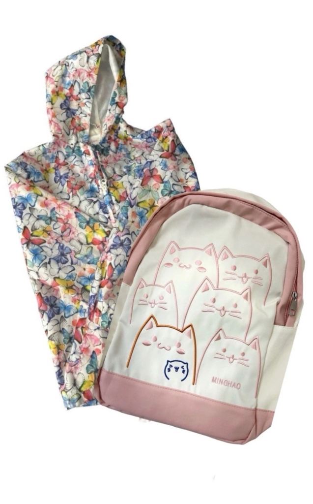 Kids Raincoat & Cute Cat School Backpack Bundle