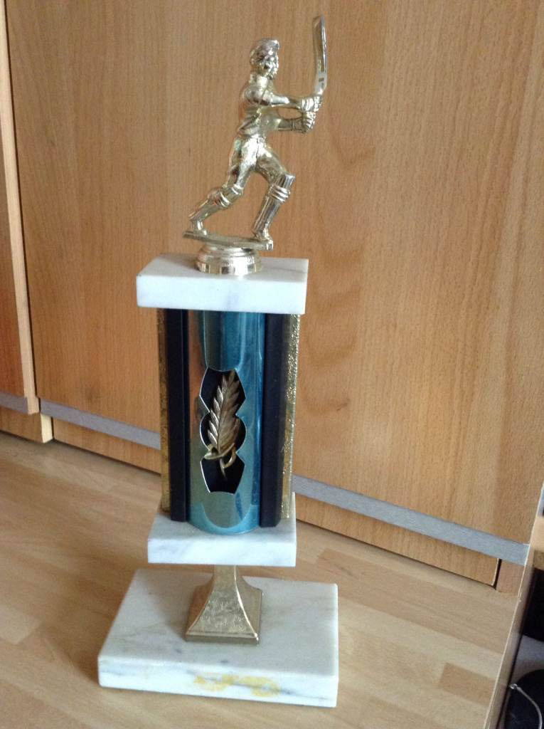 A Vintage Cricket Player Trophy. Fake Marble and Gold Plated Cricketer