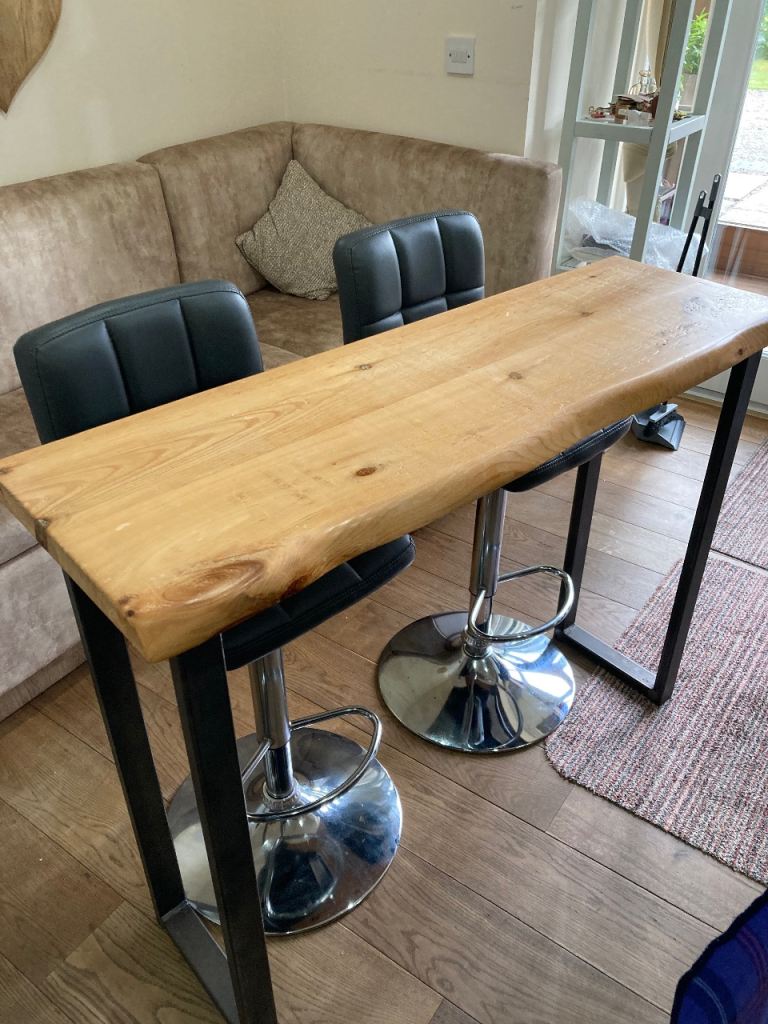 Solid Wood Bar Table with metal legs and Two Bar Stools