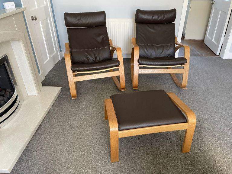 Pair of leather IKEA Poang Rocking Chairs with footstool