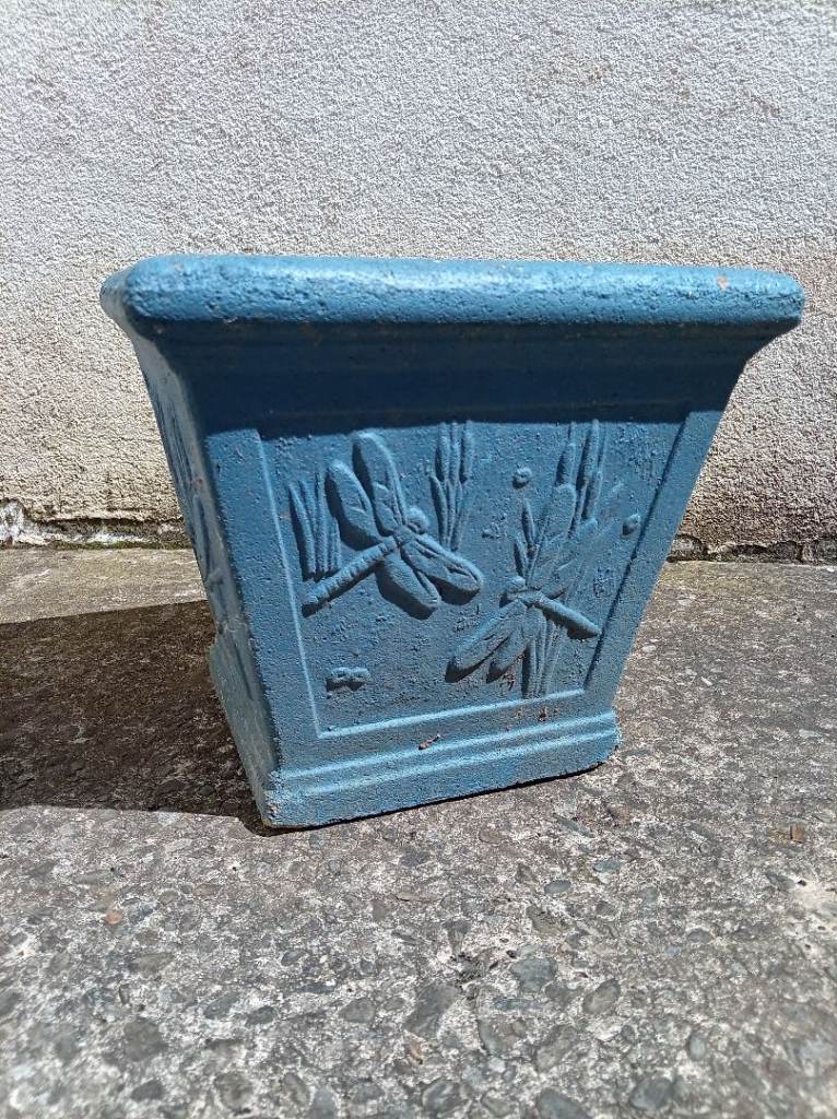 Blue Stone Garden Planter with Dragonfly Design – Good Condition