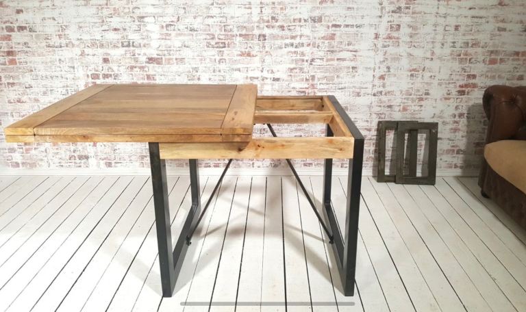 Extending Industrial Rustic Dining Table Drop Leaf Hardwood Finish
