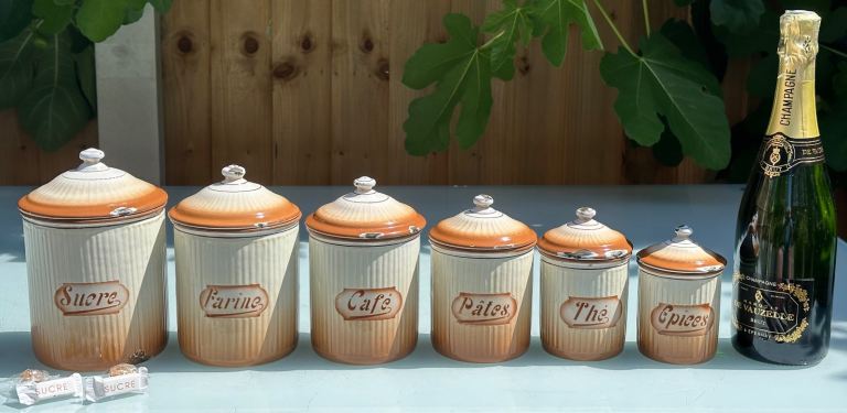 VINTAGE FRENCH ENAMEL STORAGE TINS, JARS - SUCRE FARINE CAFÉ PATES THÉ  EPICES - WILL POST!