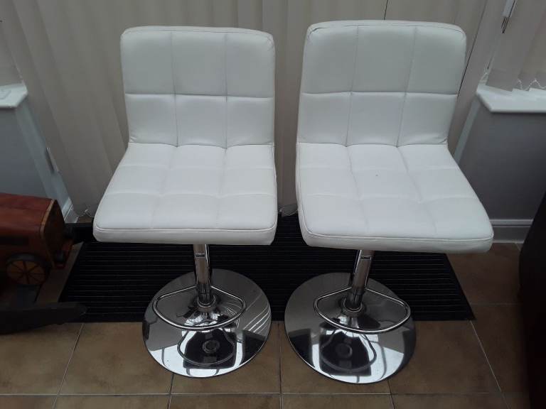 Pair of White Leather Bar Stools 