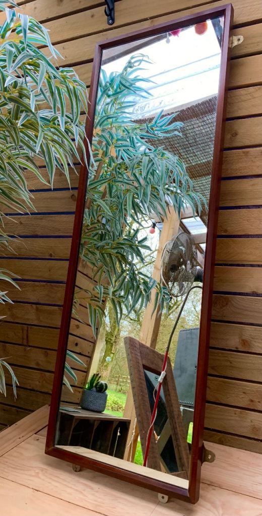 SOLD Vintage Mirror Mid 20th Century Danish Solid Teak Wood Wall Mount 60s 70s