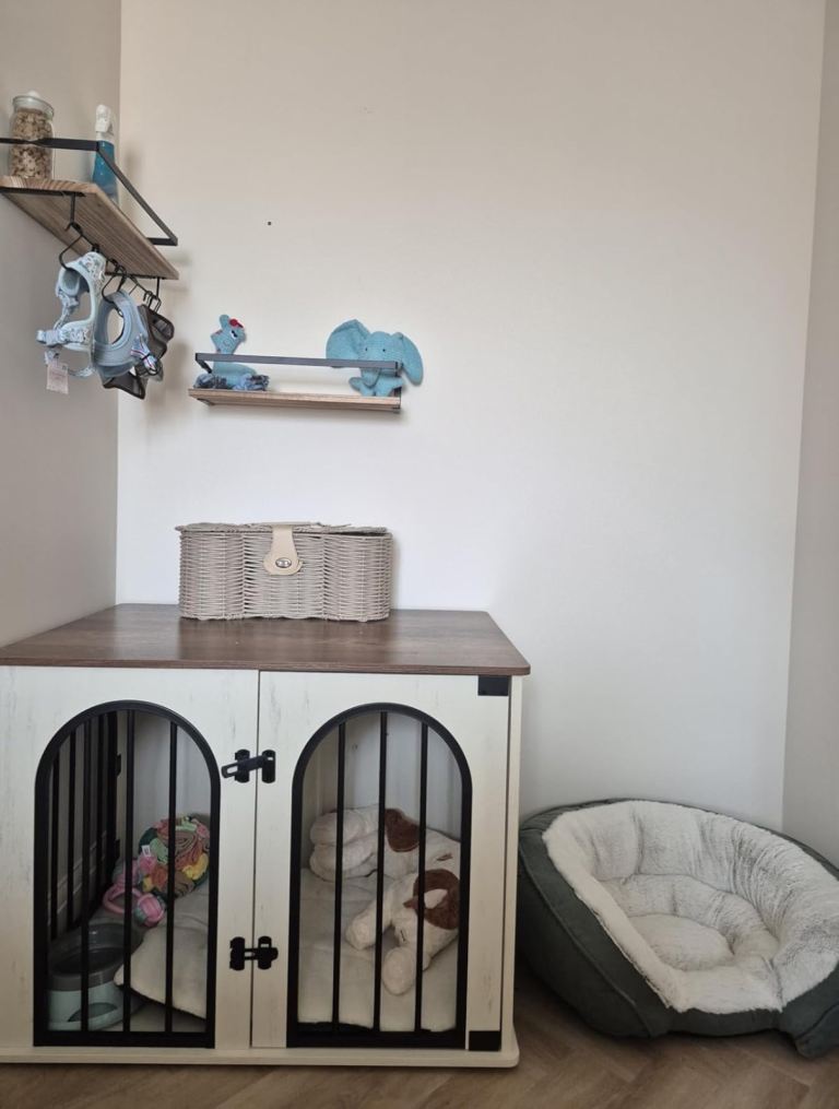 Dog crate kennel indoor dog pet cat kitten wood white and brown