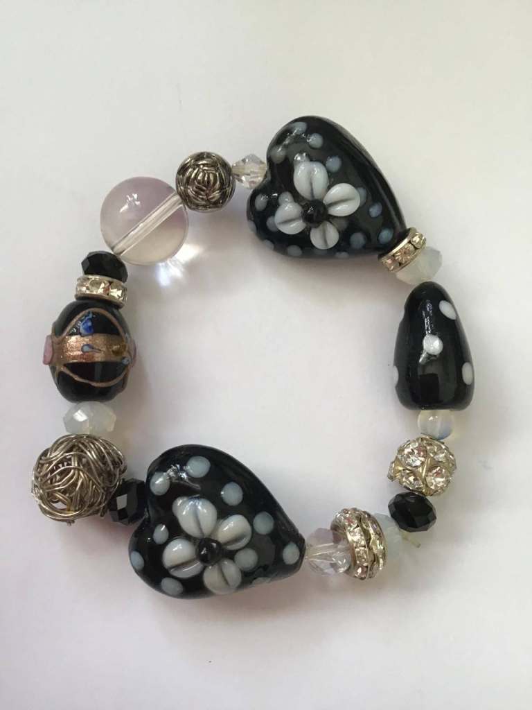 Vintage Black and White Beaded Bracelet with Heart Charms