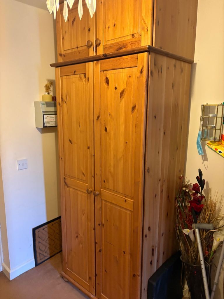 Pine Wardrobe with Top Cabinet – Good Condition