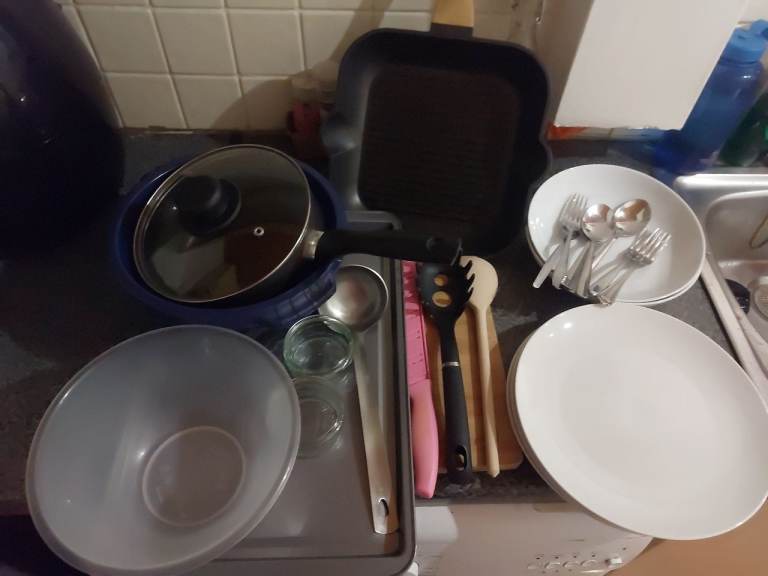 Kitchen Utensils, Pots, Pans, Plates & Cutlery Set – Good Condition
