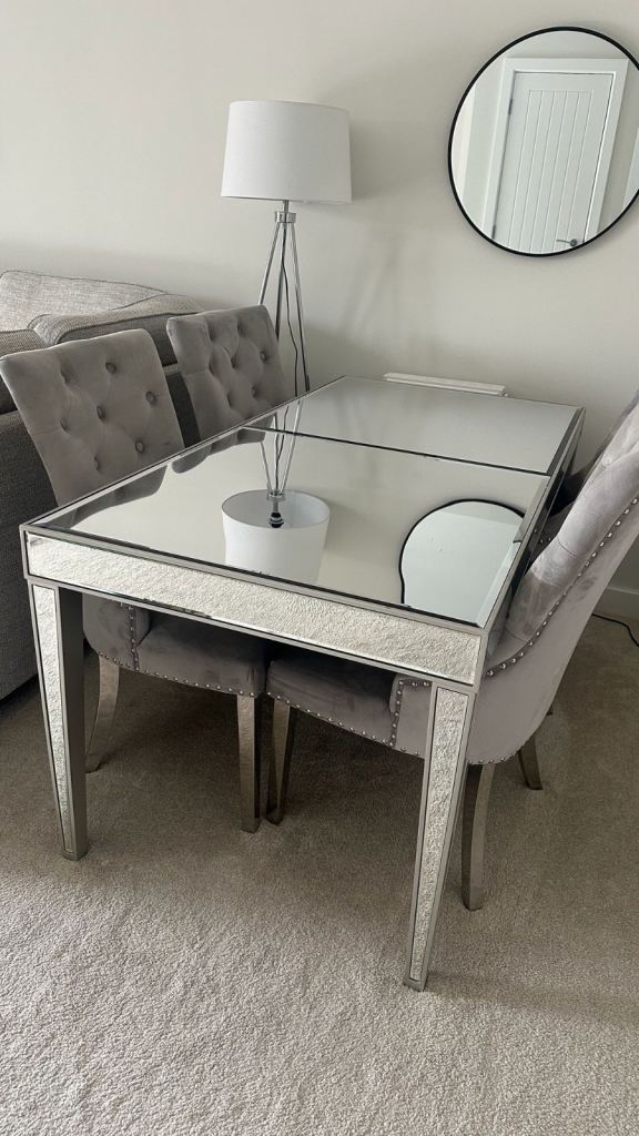 Mirrored Dining Table with 4 Grey Velvet Chairs – As Good As New