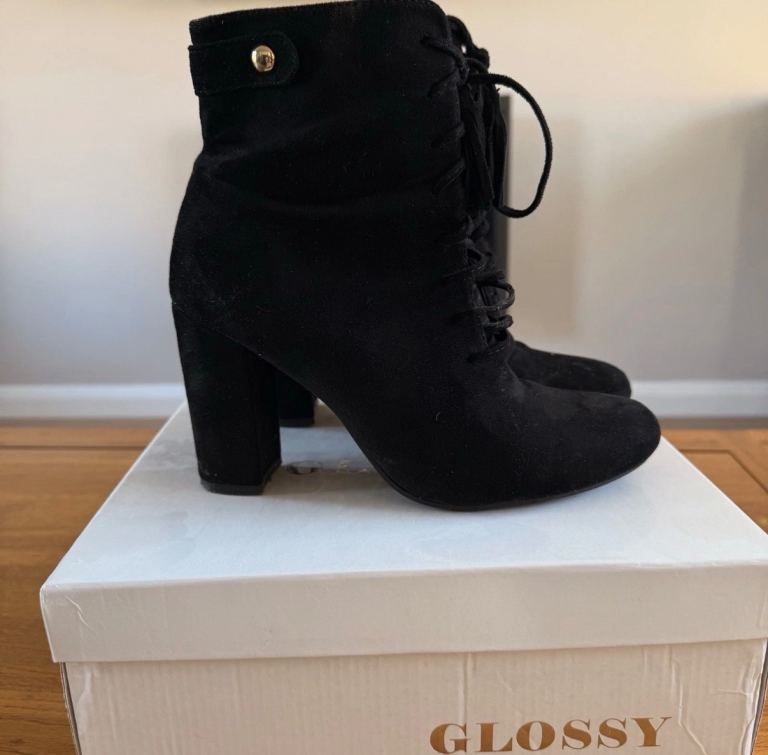 Glossy faux suede black ankle boot UK 6 Eu 39 With Box