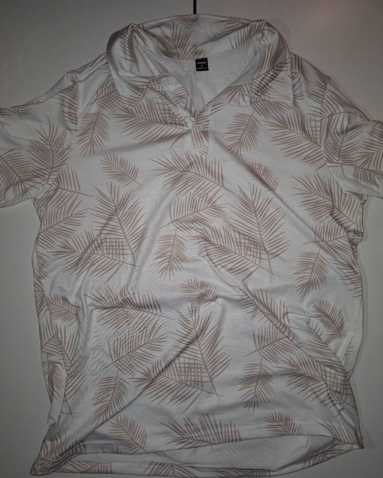 Manfinity Men's Tropical Palm Leaf Print Polo Shirt Size L White Khaki Vacation