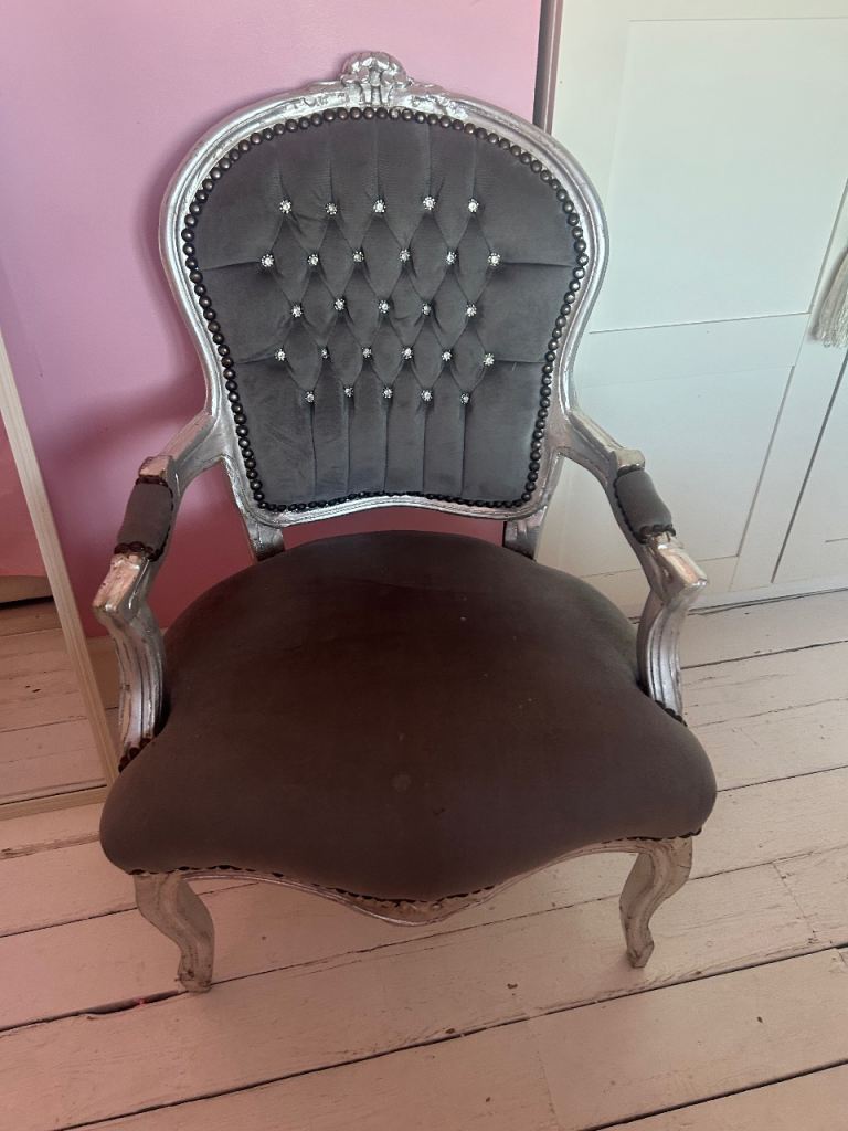Stunning Grey Velvet & Silver Rococo Style Chair