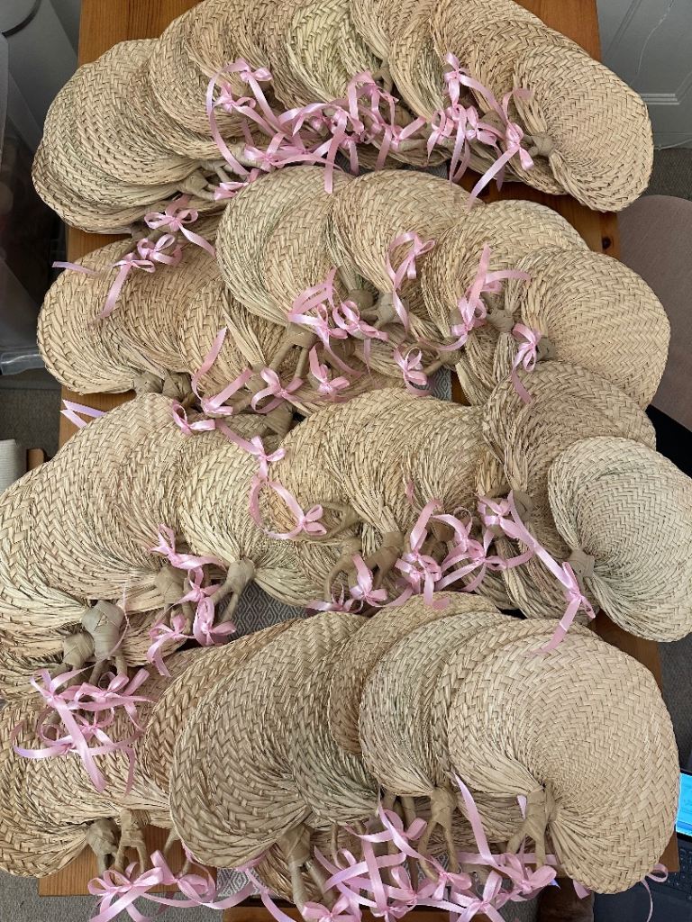 42 x Wedding guest rattan wicker palm leaf handmade fans with pink ribbon