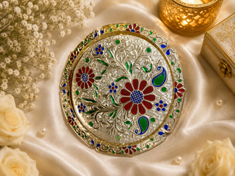 Decorative silver-golden Tray with Enamel Floral Design