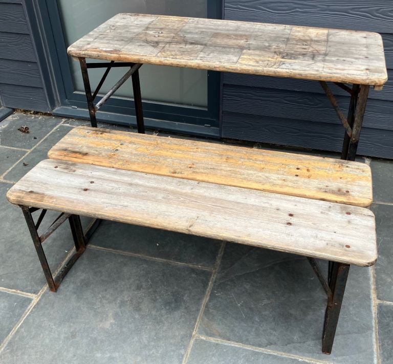  FOLDABLE OUTDOOR GARDEN WOODEN TABLES AND BENCHES GREAT FOR BEACH HUTS AND EVENTS